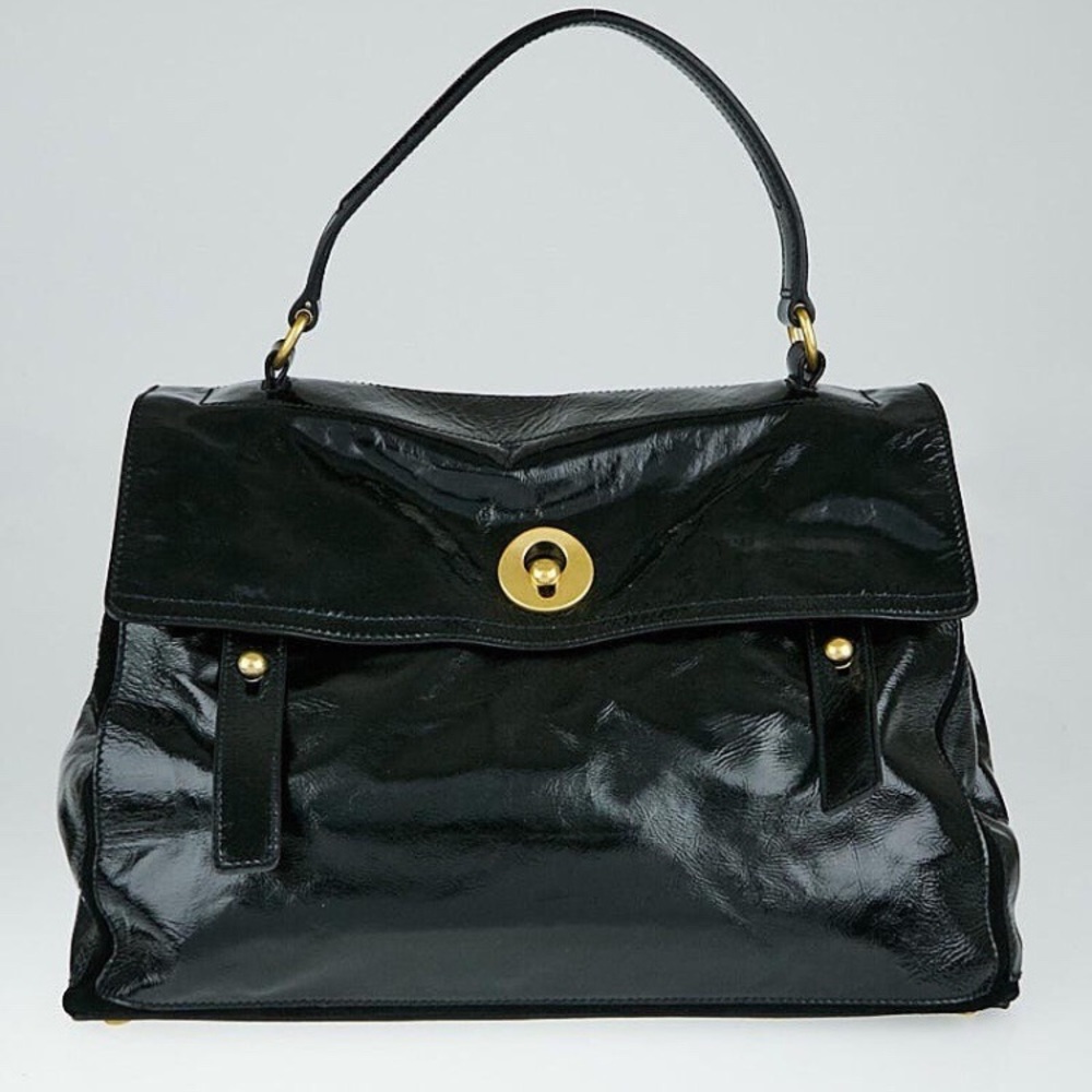 YSL double muse bag; black patent w/ suede lining